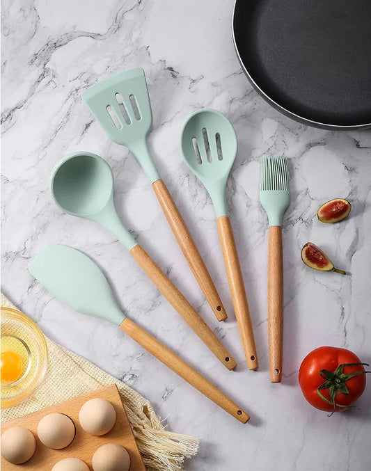 Conjunto de 12 peças de utensílios de cozinha com cabo de madeira e silicone multicolorido, utensílios de cozinha resistentes ao calor