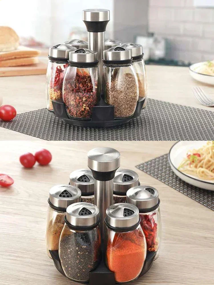Conjunto de potes de especiarias, organizador de vidro, frascos de tempero de vidro giratórios, frascos de pimenta e açúcar, saleiros, suporte para armazenamento de cozinha