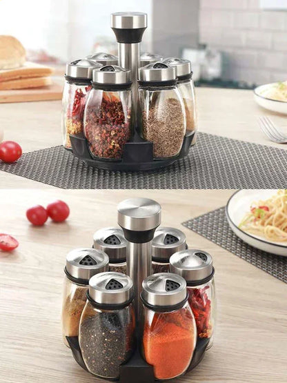 Conjunto de potes de especiarias, organizador de vidro, frascos de tempero de vidro giratórios, frascos de pimenta e açúcar, saleiros, suporte para armazenamento de cozinha