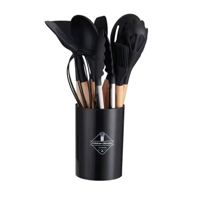 Conjunto de 12 peças de utensílios de cozinha com cabo de madeira e silicone multicolorido, utensílios de cozinha resistentes ao calor