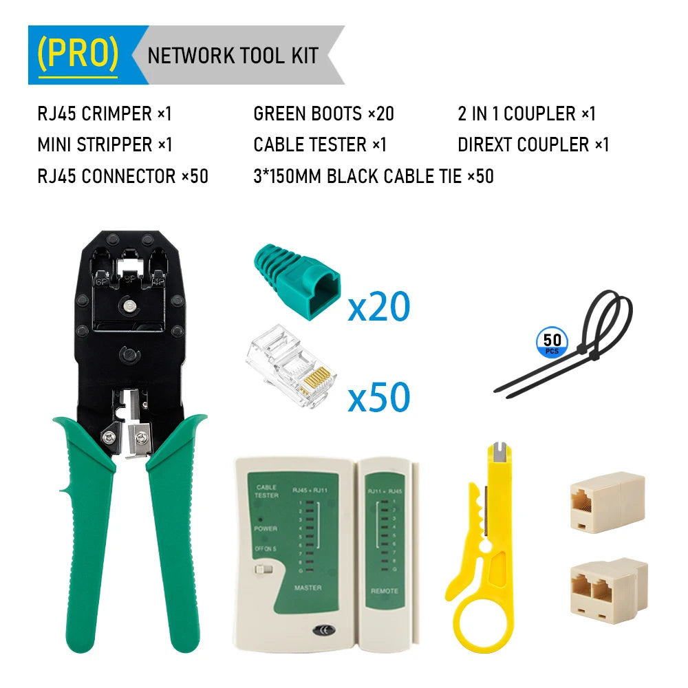 Conjunto de ferramentas para crimpagem de LAN RJ45, descascador de cabos Ethernet, ferramenta de perfuração, conectores RJ45 RJ11, conjunto de reparo de cabos 12 em 1