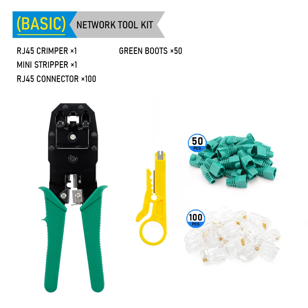 Conjunto de ferramentas para crimpagem de LAN RJ45, descascador de cabos Ethernet, ferramenta de perfuração, conectores RJ45 RJ11, conjunto de reparo de cabos 12 em 1