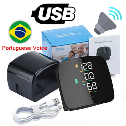 Monitor de pressão arterial de pulso LED, recarregável, com transmissão de voz em português, esfigmomanômetro