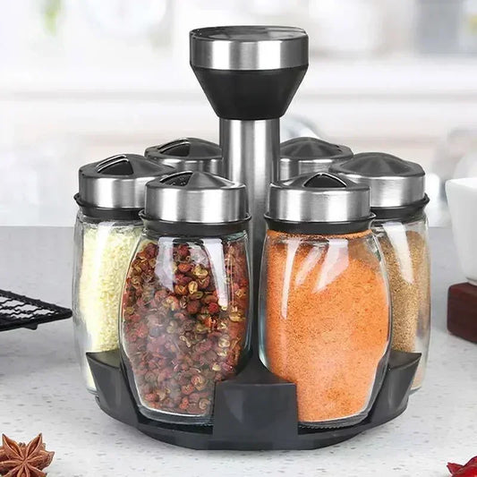 Conjunto de potes de especiarias, organizador de vidro, frascos de tempero de vidro giratórios, frascos de pimenta e açúcar, saleiros, suporte para armazenamento de cozinha