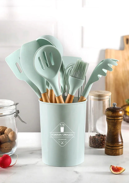Conjunto de 12 peças de utensílios de cozinha com cabo de madeira e silicone multicolorido, utensílios de cozinha resistentes ao calor