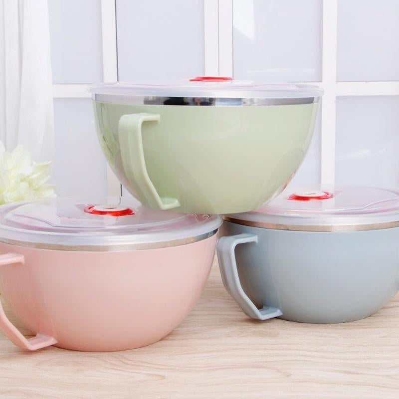 Tigela de aço inoxidável com alça de cor sólida anti-escaldante para misturar macarrão instantâneo, utensílios de cozinha, acessório para alimentos - 1 peça