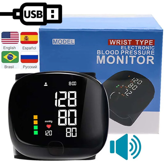 Monitor de pressão arterial de pulso LED, recarregável, com transmissão de voz em português, esfigmomanômetro