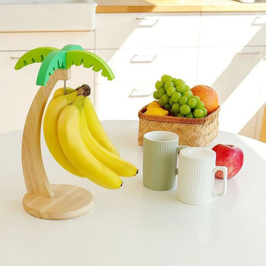 Prateleira suspensa de madeira para banana, prateleira vertical para frutas decorativas com folhas simuladas e gancho para decoração de cozinha