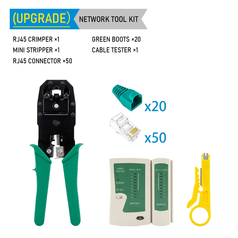 Conjunto de ferramentas para crimpagem de LAN RJ45, descascador de cabos Ethernet, ferramenta de perfuração, conectores RJ45 RJ11, conjunto de reparo de cabos 12 em 1