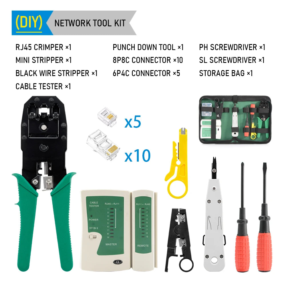 Conjunto de ferramentas para crimpagem de LAN RJ45, descascador de cabos Ethernet, ferramenta de perfuração, conectores RJ45 RJ11, conjunto de reparo de cabos 12 em 1