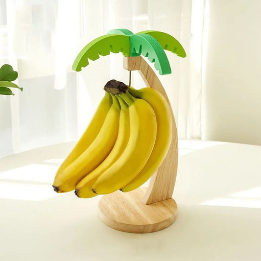 Prateleira suspensa de madeira para banana, prateleira vertical para frutas decorativas com folhas simuladas e gancho para decoração de cozinha