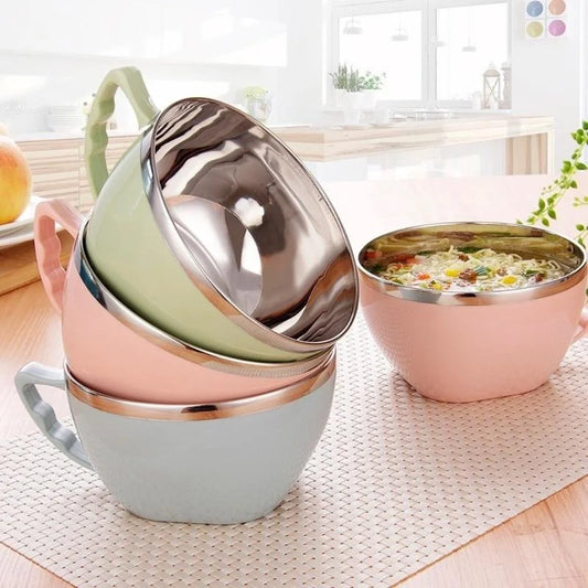 Tigela de aço inoxidável com alça de cor sólida anti-escaldante para misturar macarrão instantâneo, utensílios de cozinha, acessório para alimentos - 1 peça