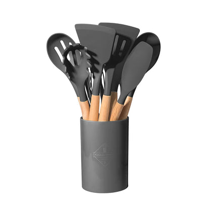 Conjunto de 12 peças de utensílios de cozinha com cabo de madeira e silicone multicolorido, utensílios de cozinha resistentes ao calor