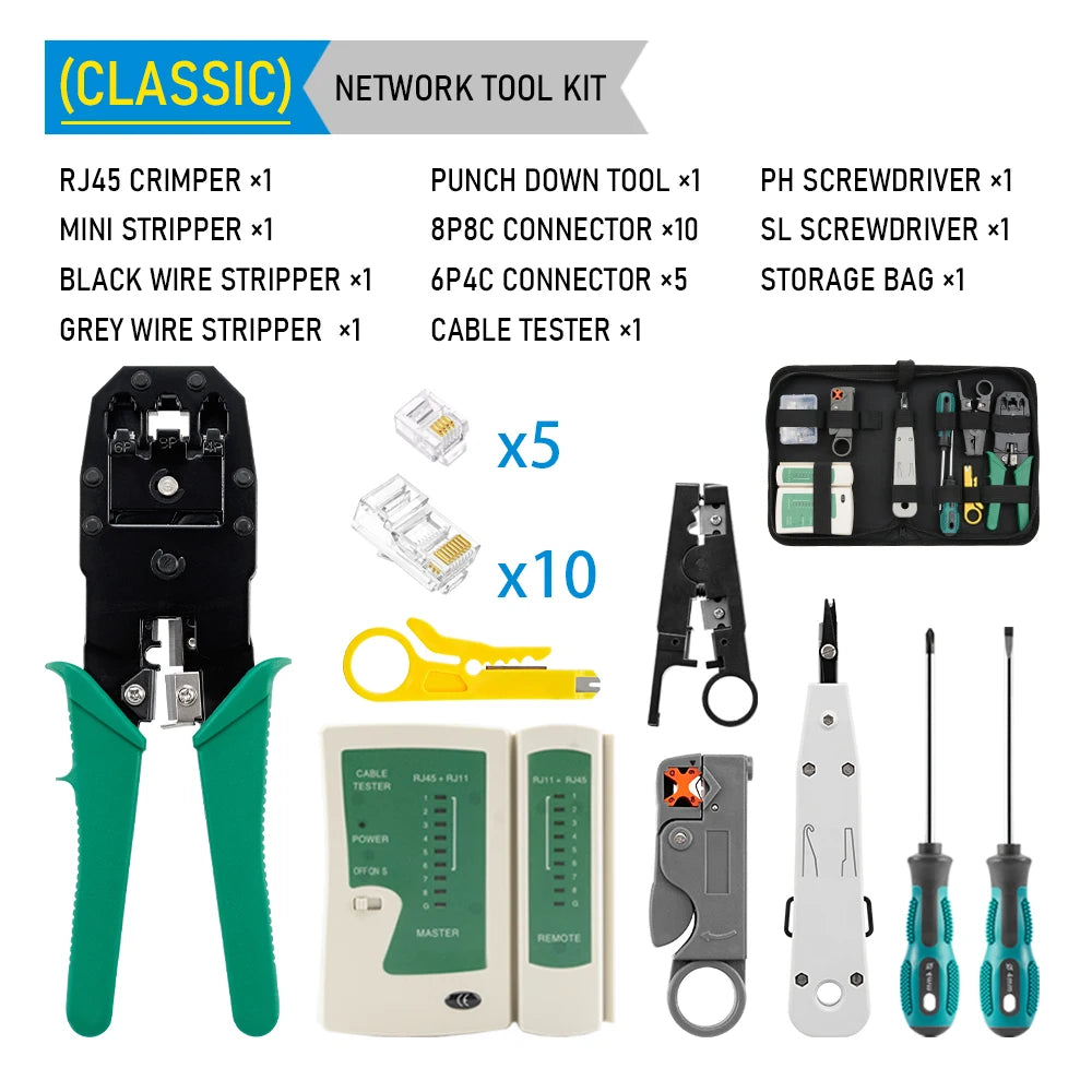 Conjunto de ferramentas para crimpagem de LAN RJ45, descascador de cabos Ethernet, ferramenta de perfuração, conectores RJ45 RJ11, conjunto de reparo de cabos 12 em 1