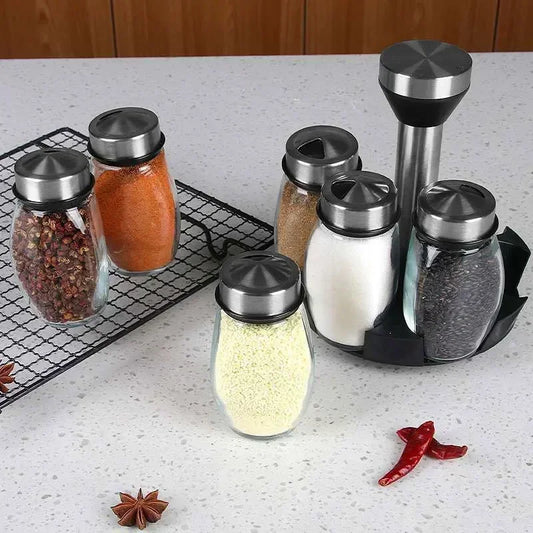 Conjunto de potes de especiarias, organizador de vidro, frascos de tempero de vidro giratórios, frascos de pimenta e açúcar, saleiros, suporte para armazenamento de cozinha