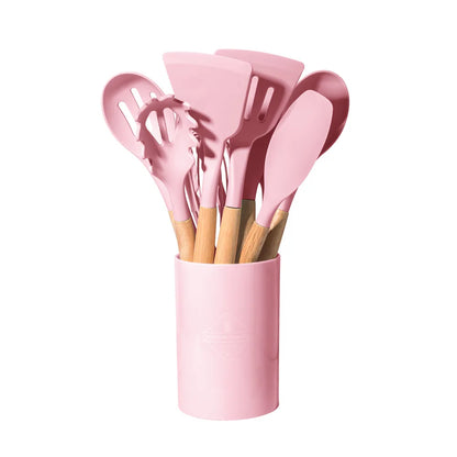 Conjunto de 12 peças de utensílios de cozinha com cabo de madeira e silicone multicolorido, utensílios de cozinha resistentes ao calor