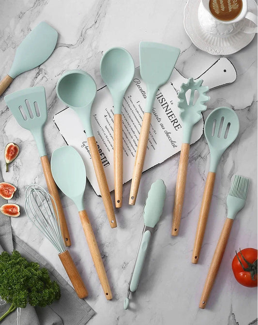 Conjunto de 12 peças de utensílios de cozinha com cabo de madeira e silicone multicolorido, utensílios de cozinha resistentes ao calor
