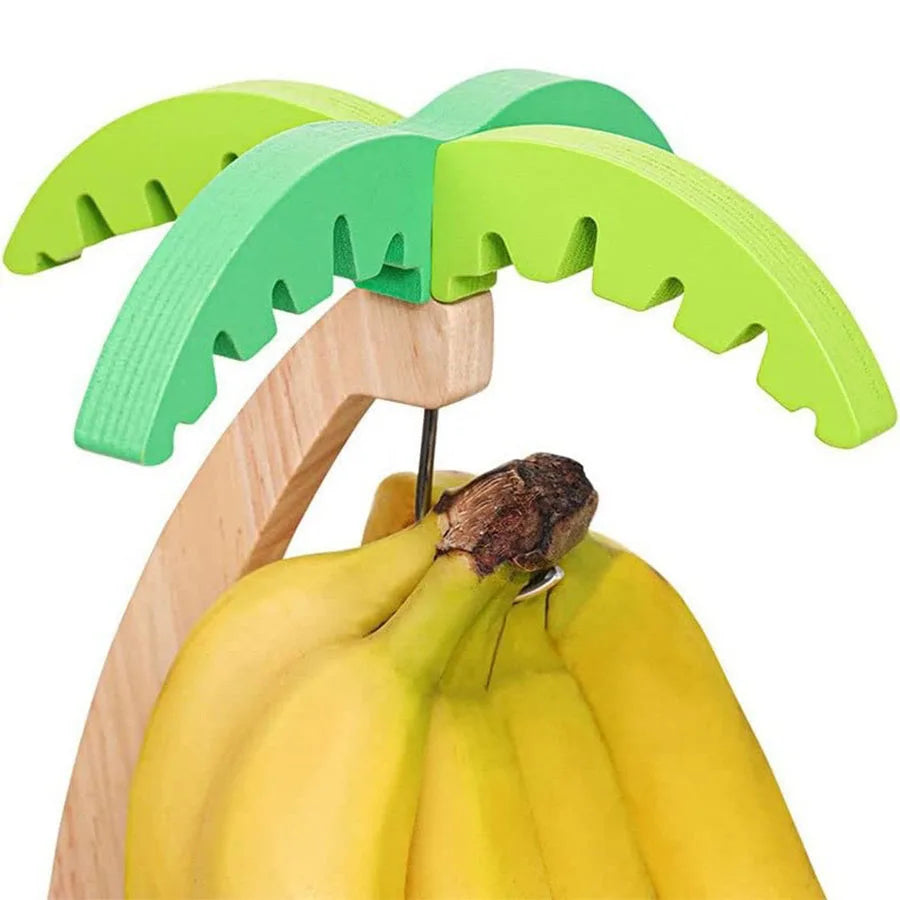 Prateleira suspensa de madeira para banana, prateleira vertical para frutas decorativas com folhas simuladas e gancho para decoração de cozinha