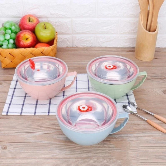 Tigela de aço inoxidável com alça de cor sólida anti-escaldante para misturar macarrão instantâneo, utensílios de cozinha, acessório para alimentos - 1 peça