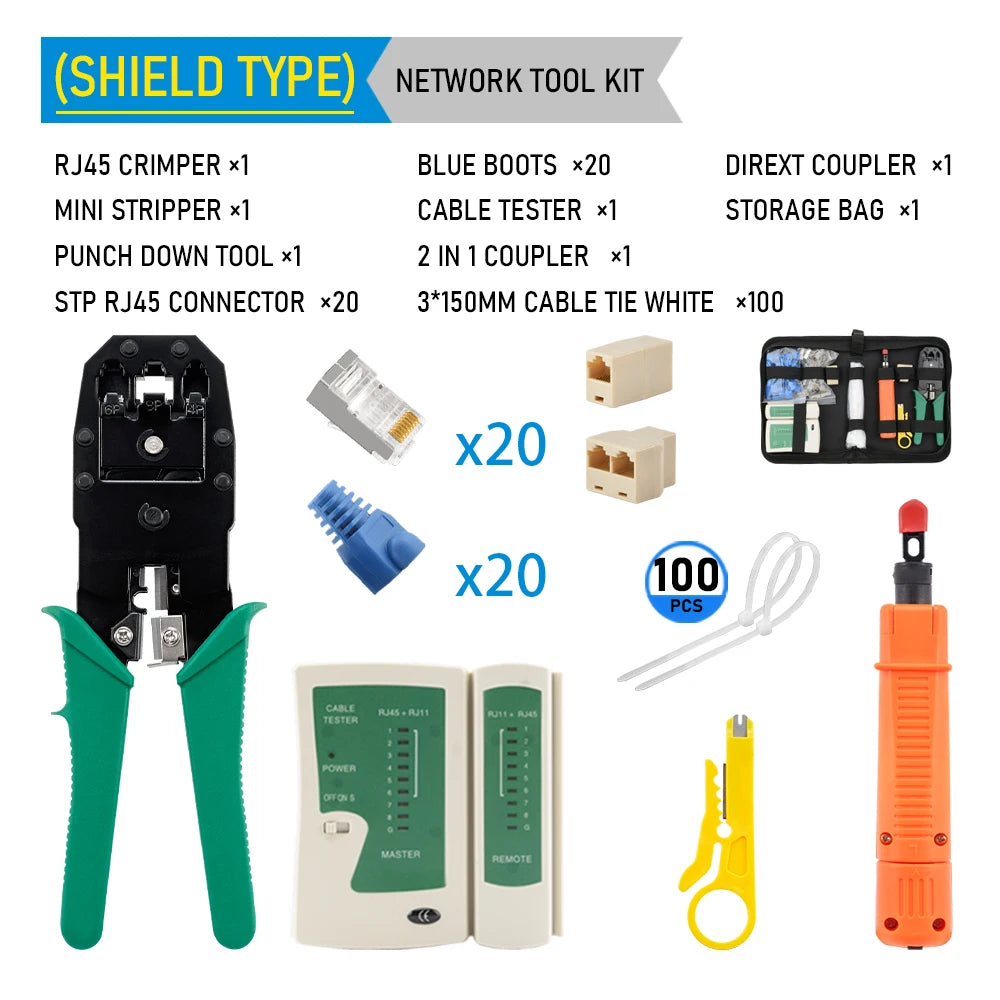 Conjunto de ferramentas para crimpagem de LAN RJ45, descascador de cabos Ethernet, ferramenta de perfuração, conectores RJ45 RJ11, conjunto de reparo de cabos 12 em 1
