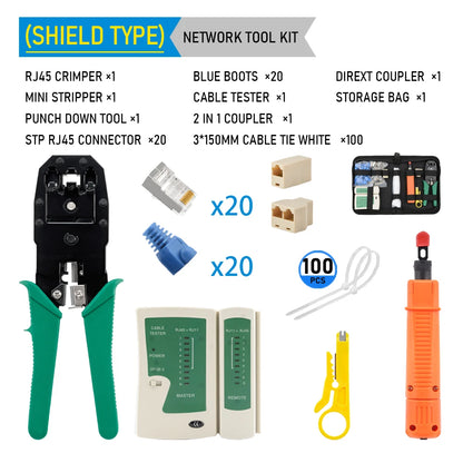 Conjunto de ferramentas para crimpagem de LAN RJ45, descascador de cabos Ethernet, ferramenta de perfuração, conectores RJ45 RJ11, conjunto de reparo de cabos 12 em 1