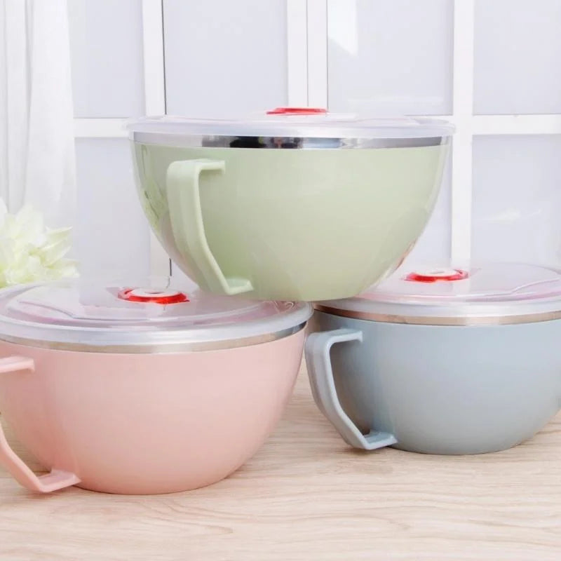 Tigela de aço inoxidável com alça de cor sólida anti-escaldante para misturar macarrão instantâneo, utensílios de cozinha, acessório para alimentos - 1 peça
